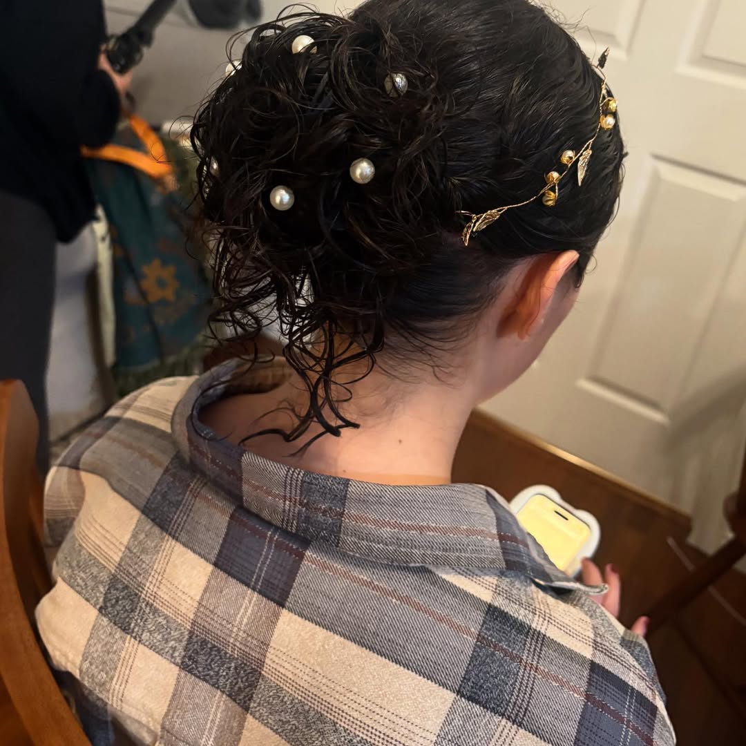 Romantic curly bridal up-do with pearl pins and gold leaf vine by MakeupByGen